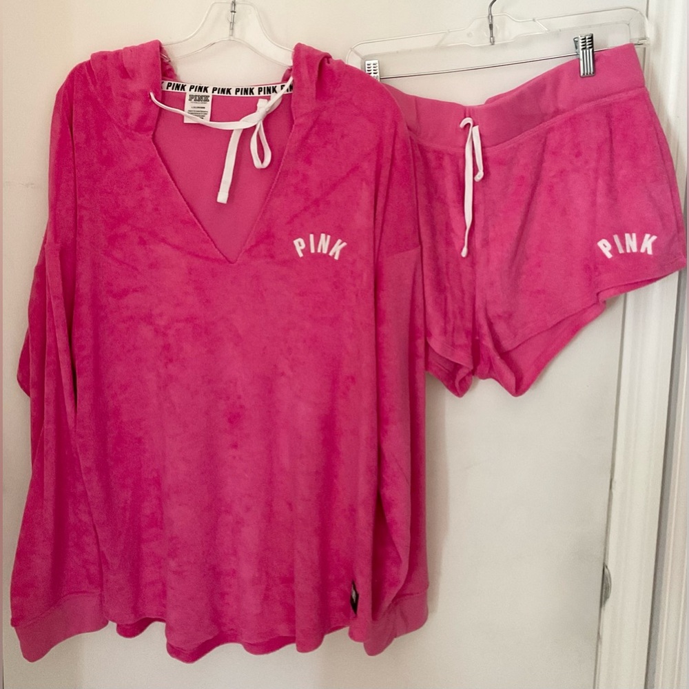 PINK Victoria's Secret Women's Pink Hoodie and Shorts Set